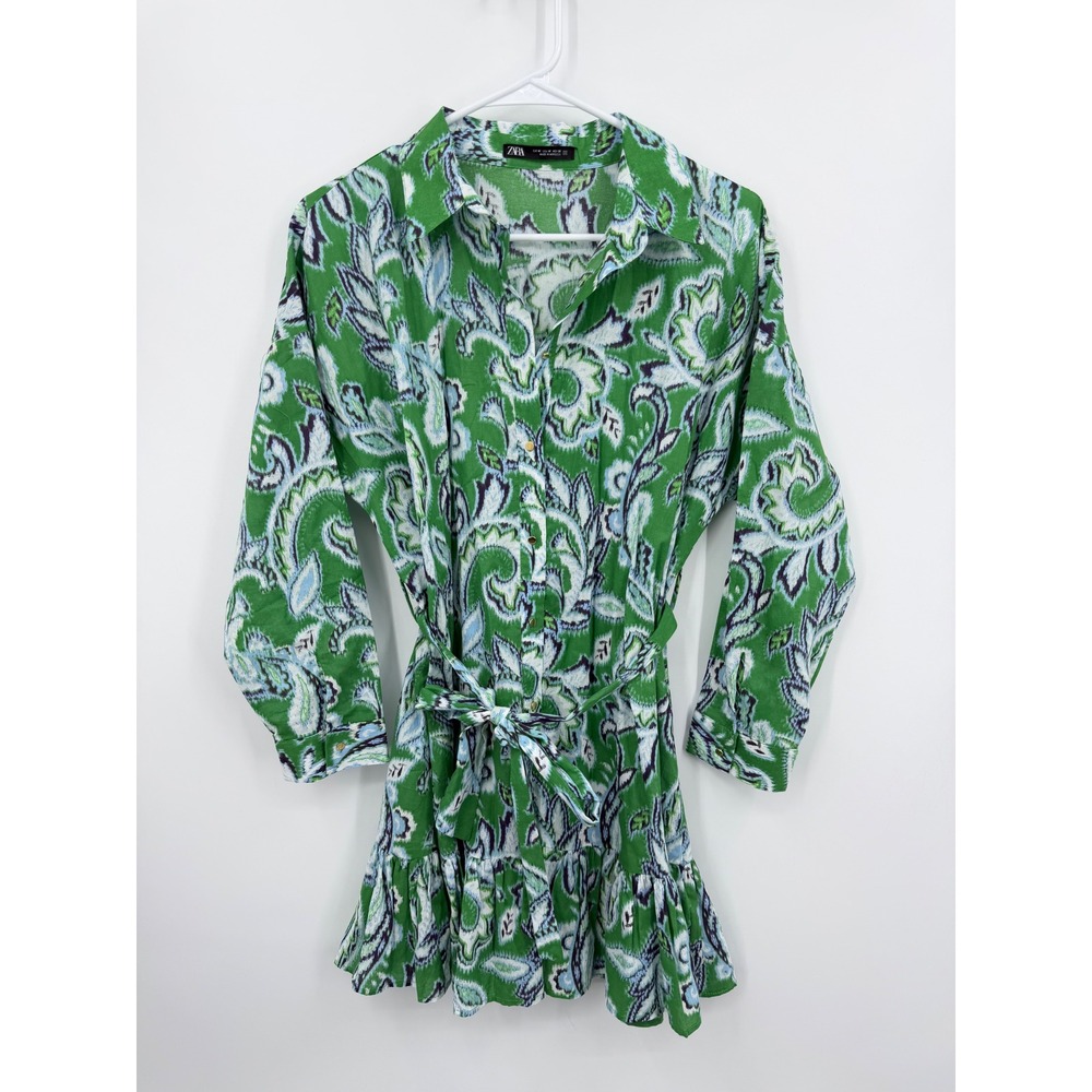 Zara Paisley Print Ruffle Mini Dress Womens Medium Green Long Sleeve Tie Belt